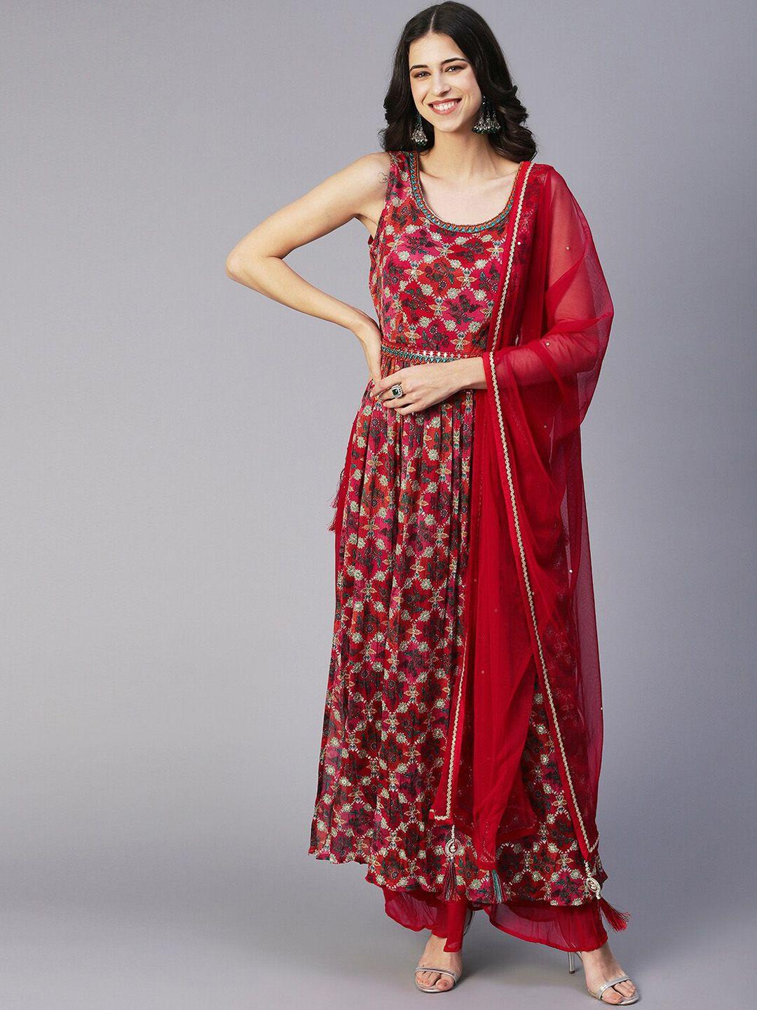 envy me by fashor floral printed pleated kurta with palazzos & dupatta
