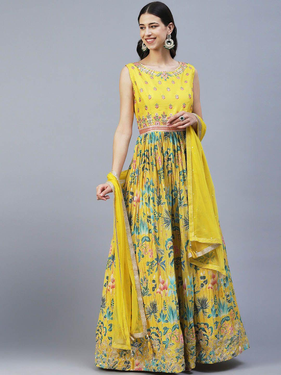 envy me by fashor floral printed pleated thread work kurta with churidar & dupatta