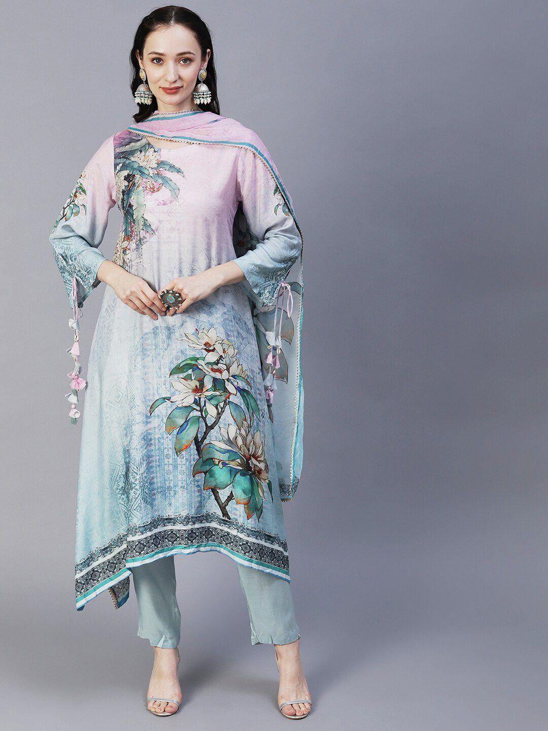 envy me by fashor floral printed sequinned asymmetric kurta with trousers & dupatta