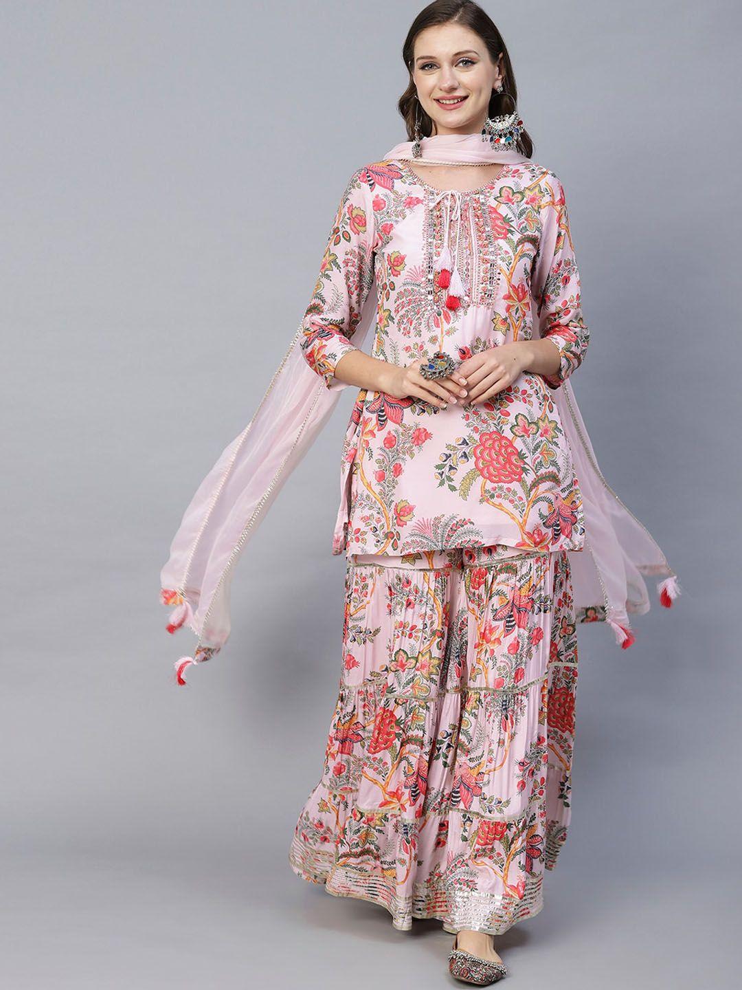 envy me by fashor floral printed tie-up neck gotta patti kurta with sharara & dupatta