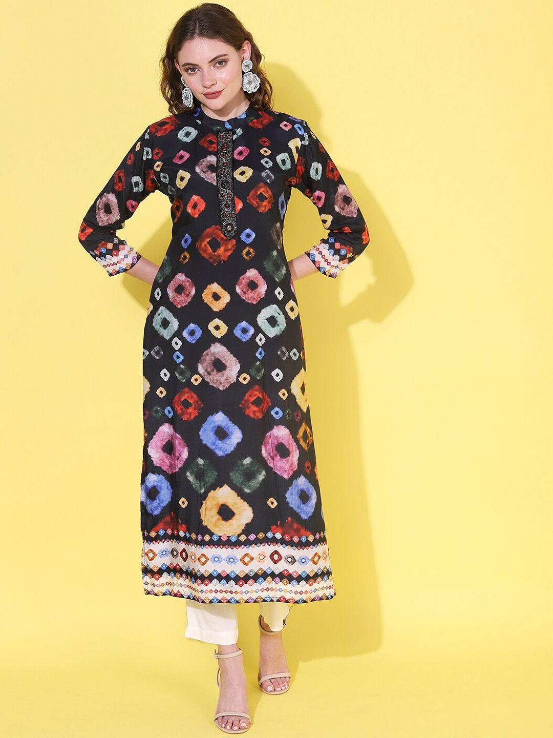 envy me by fashor geometric printed beads & stones band collar kurta