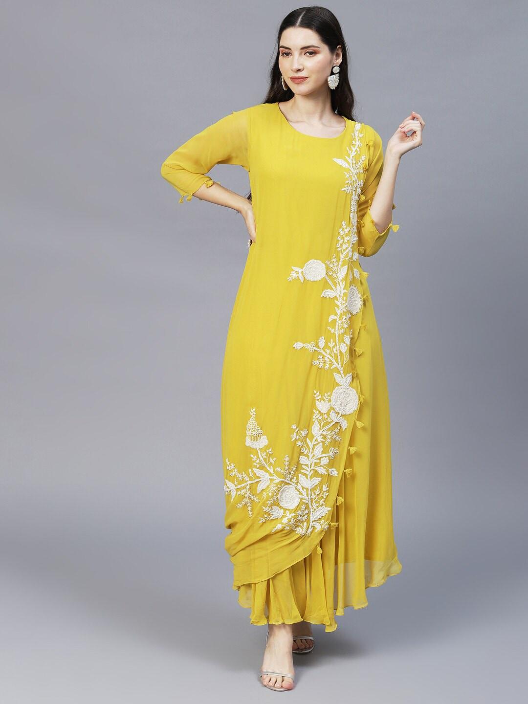 envy me by fashor mustard yellow floral embroidered georgette maxi dress