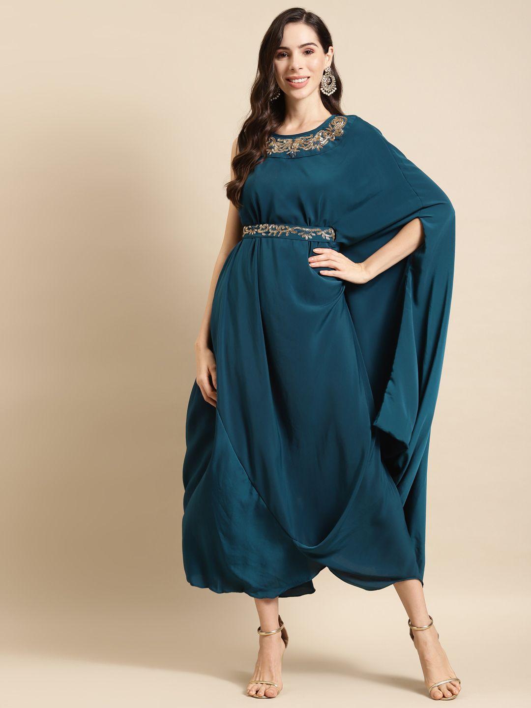 envy me by fashor teal green embroidered detail cowl maxi dress with belt