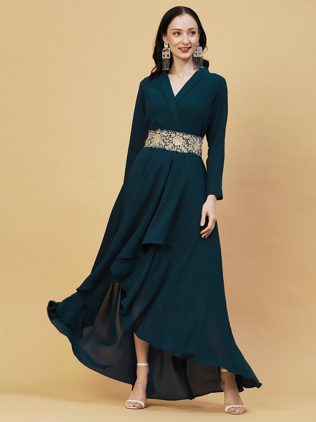 envy me by fashor v-neck embroidered detail silk fit & flare ethnic maxi dress with belt