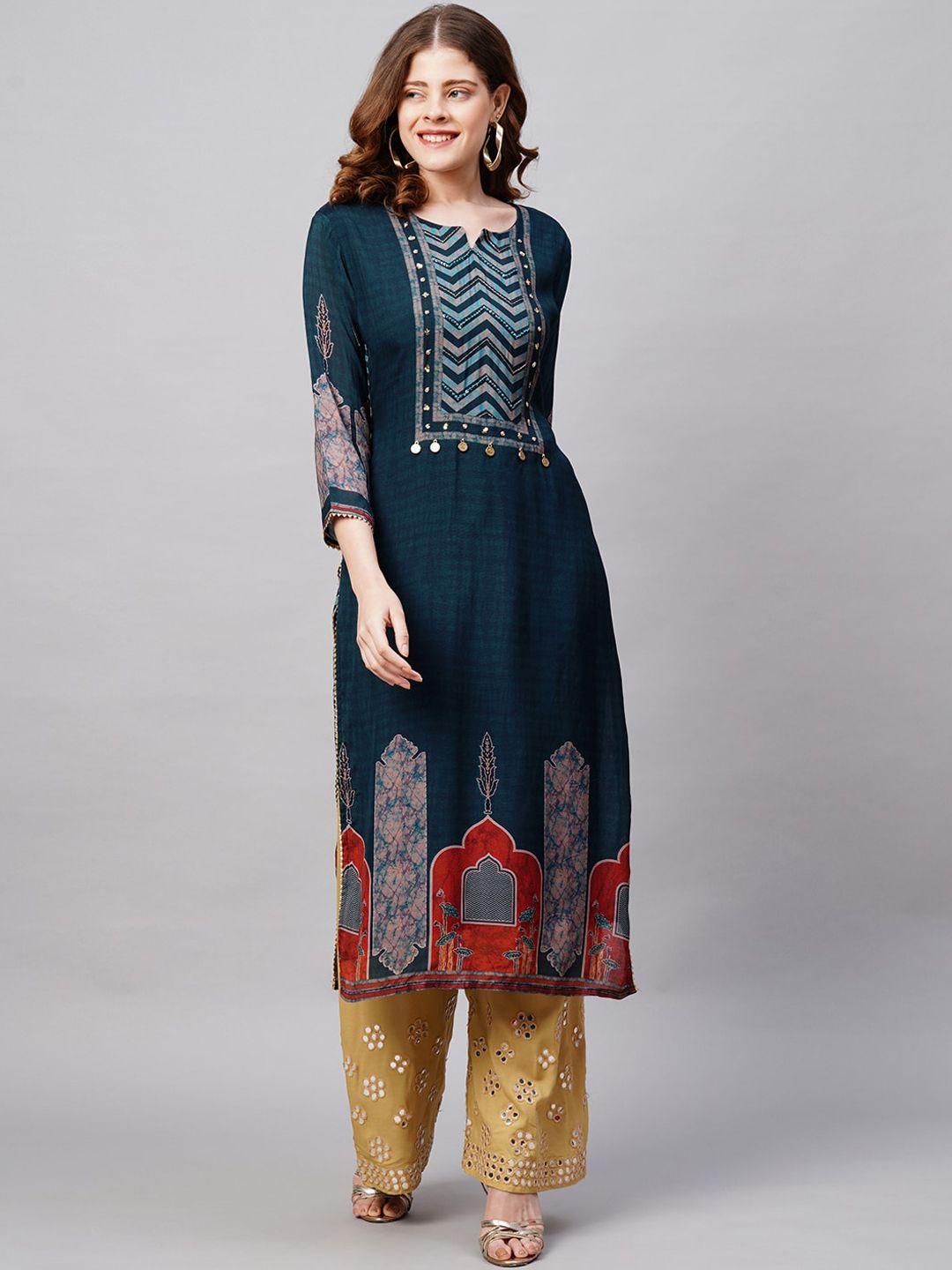 envy me by fashor women blue ethnic motifs yoke design kurta