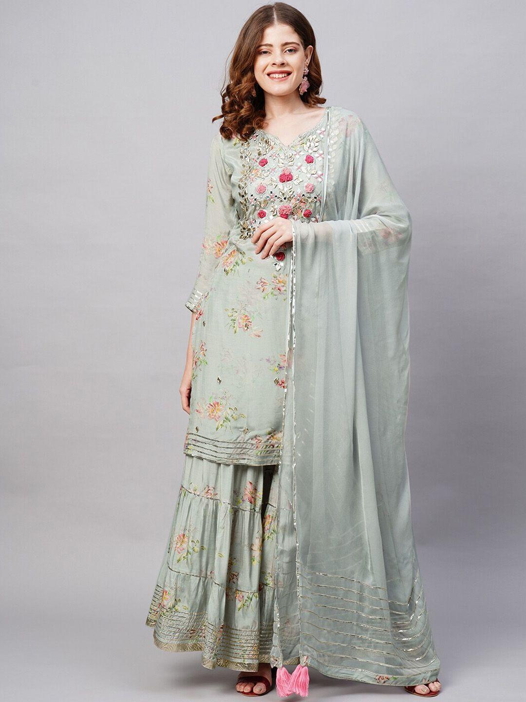 envy me by fashor women grey printed & hand embroidered kurta with sharara and dupatta