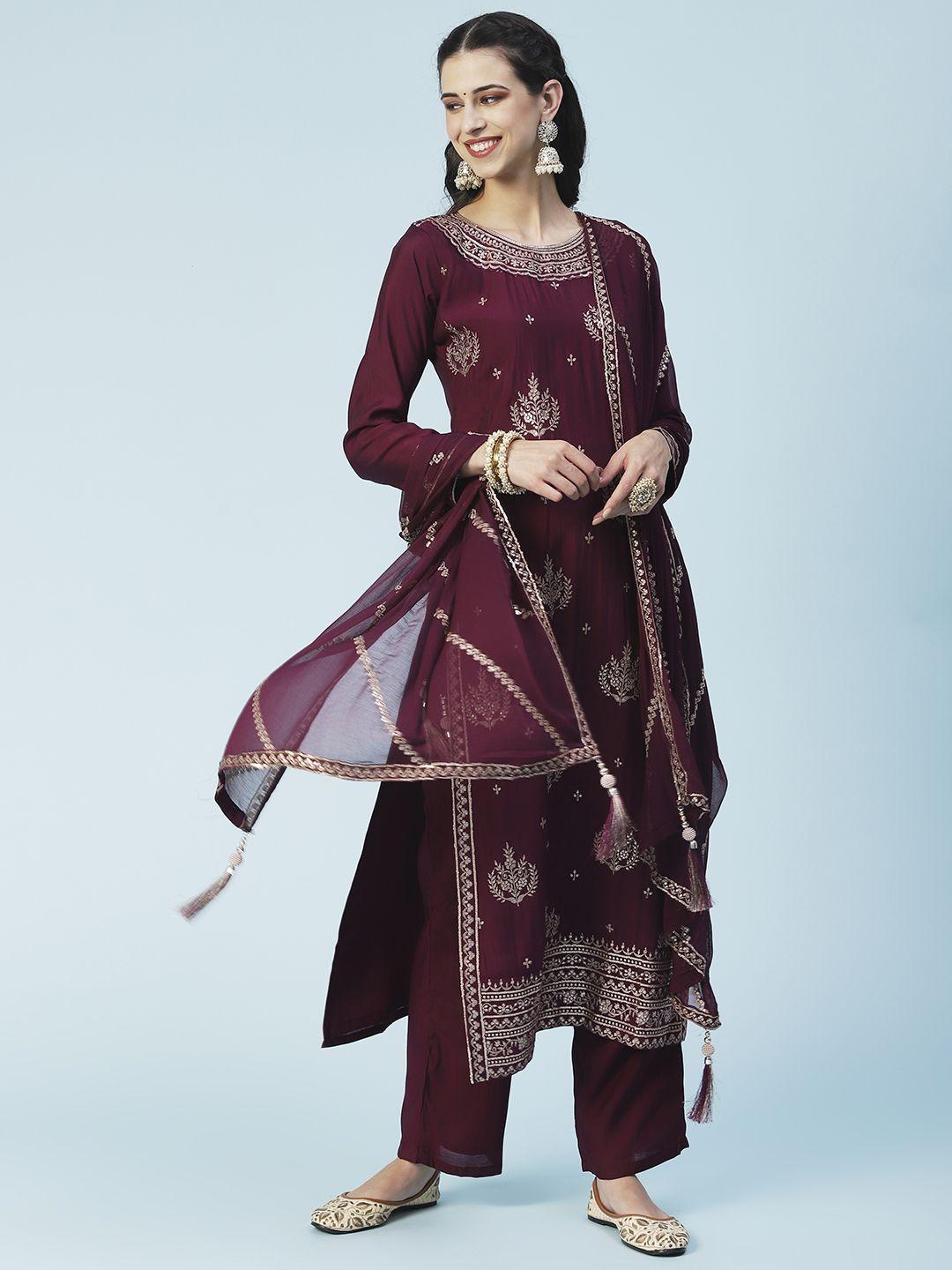 envy me by fashor women maroon ethnic motifs embroidered sequinned kurta with trousers & with dupatta