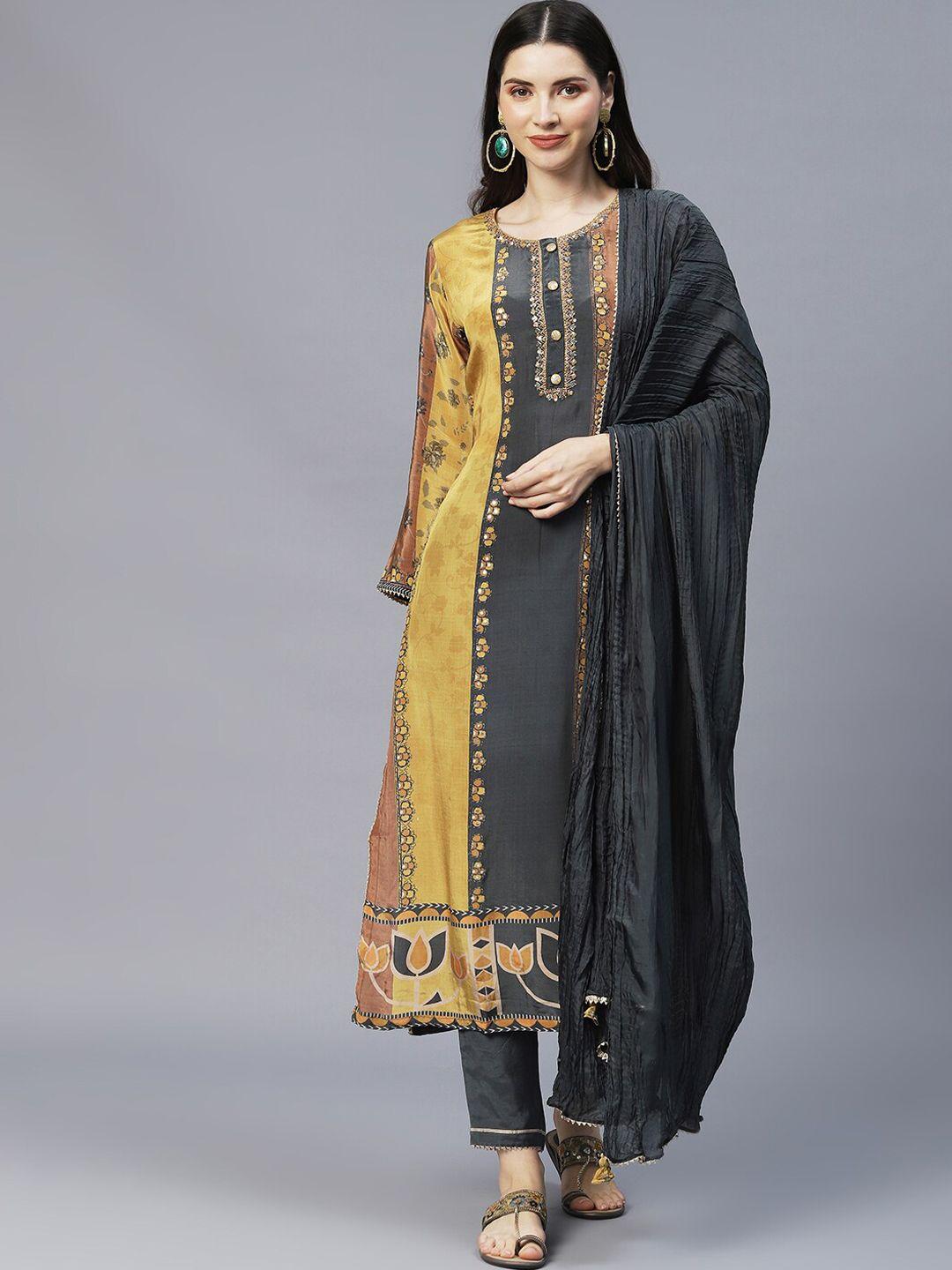 envy me by fashor women mustard yellow & grey embroidered straight kurta set