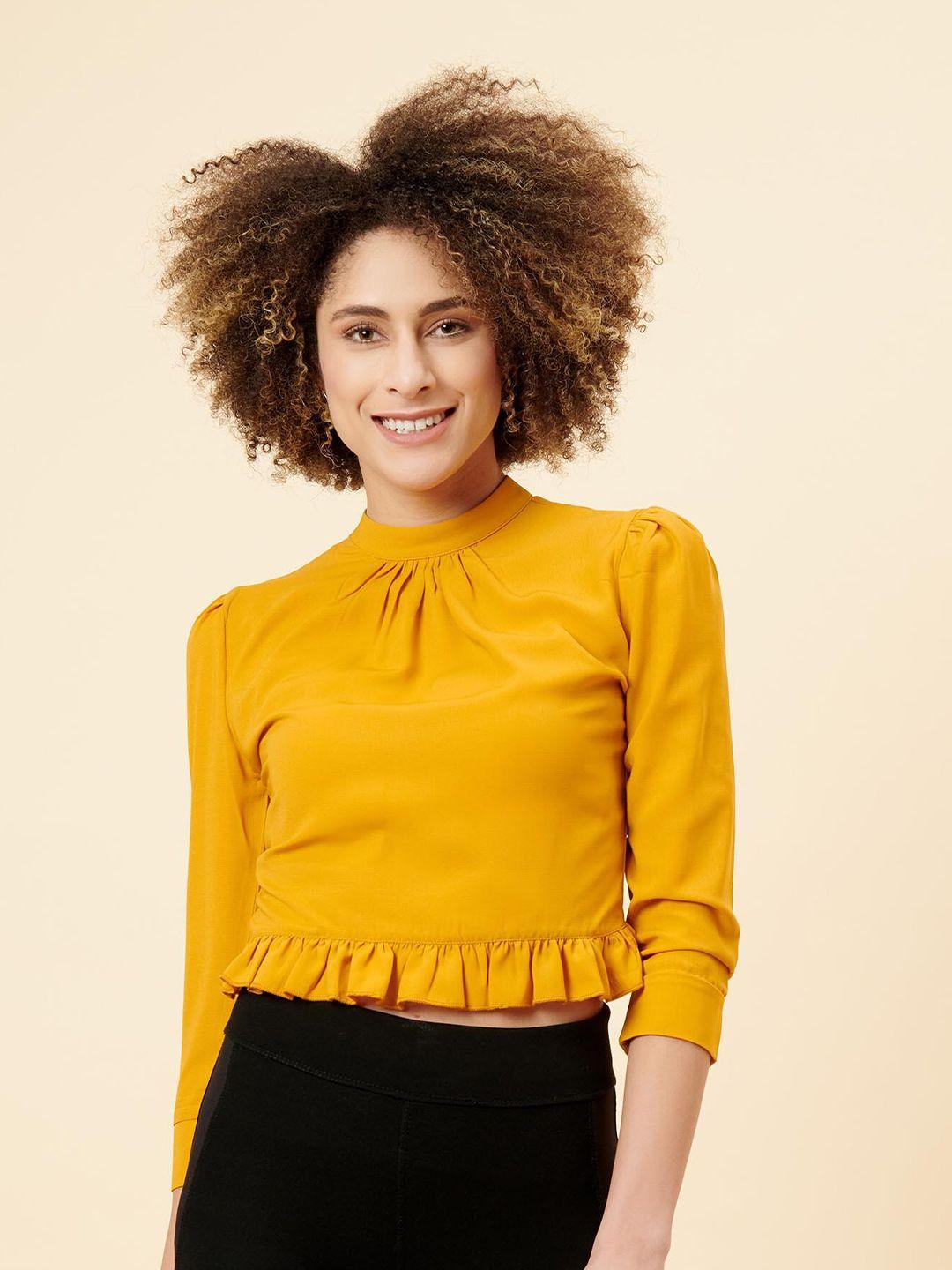 enzeo mustard yellow ruffles styled back crop top