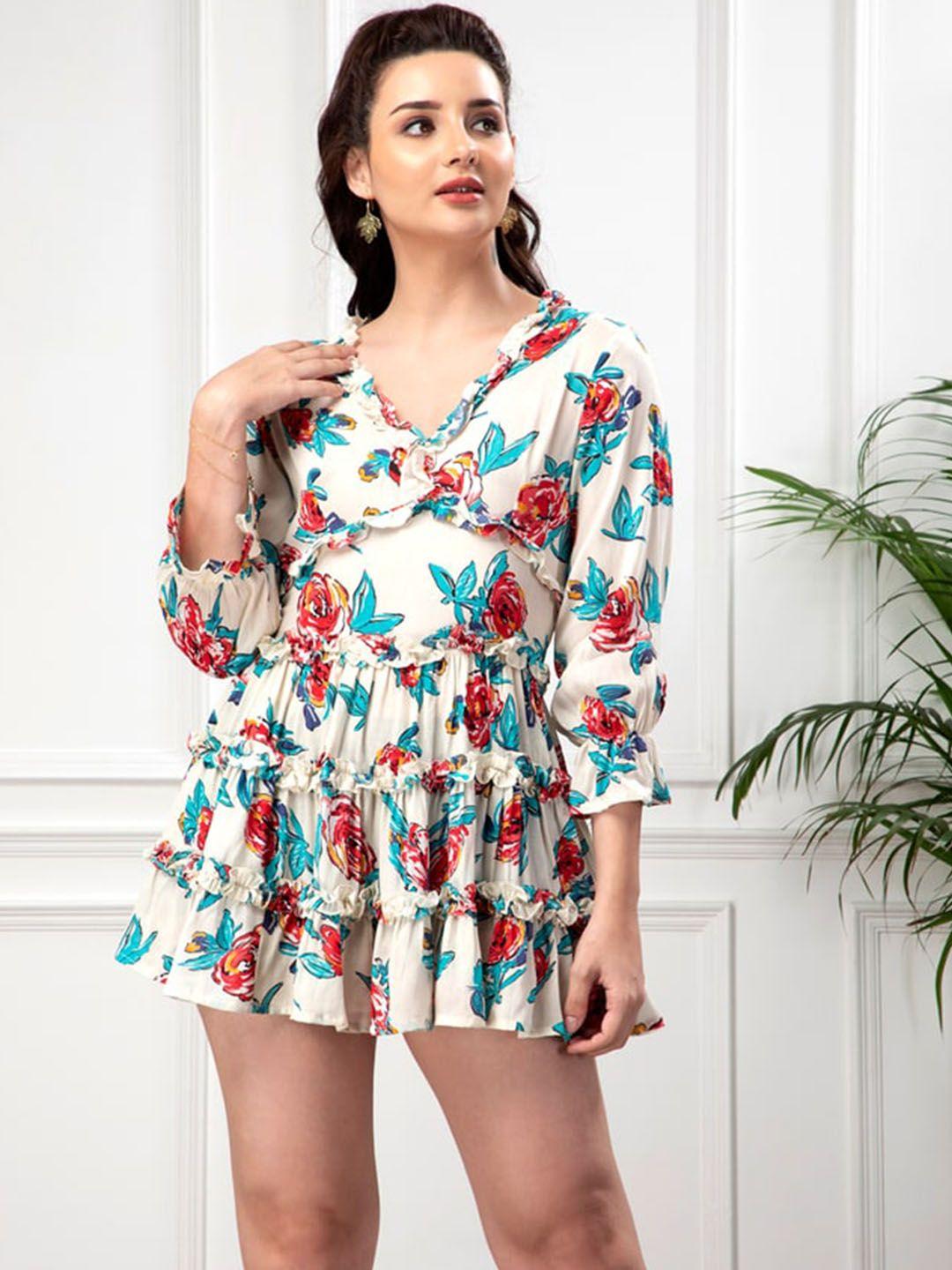 enzeo floral printed ruffled fit & flare gathered mini dress