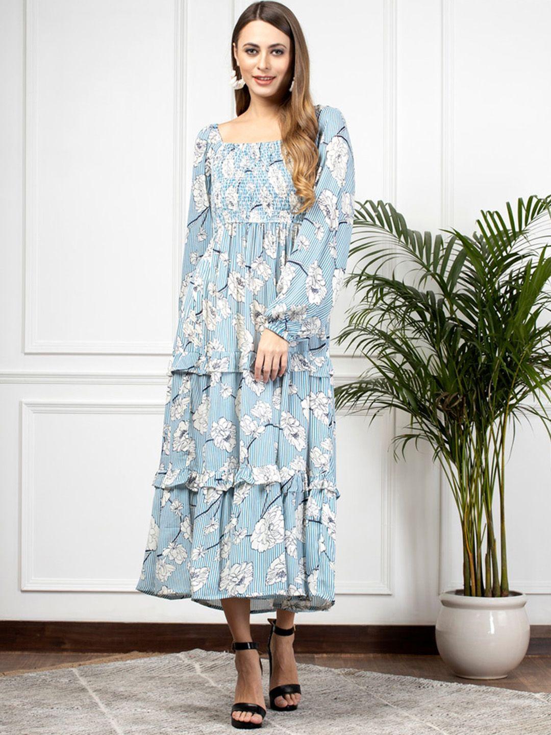 enzeo floral printed smocked puff sleeves tiered midi fit & flare dress
