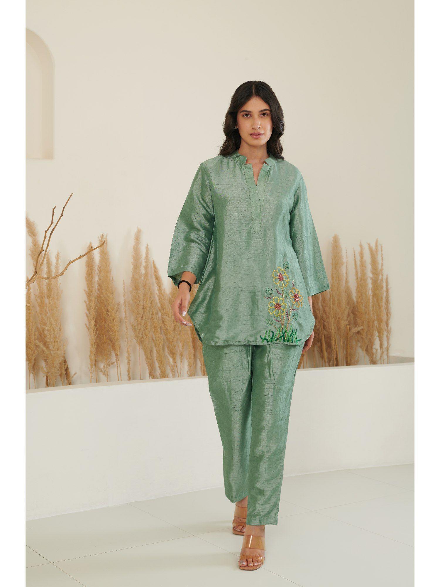 era silk embroidered green top with pant (set of 2)