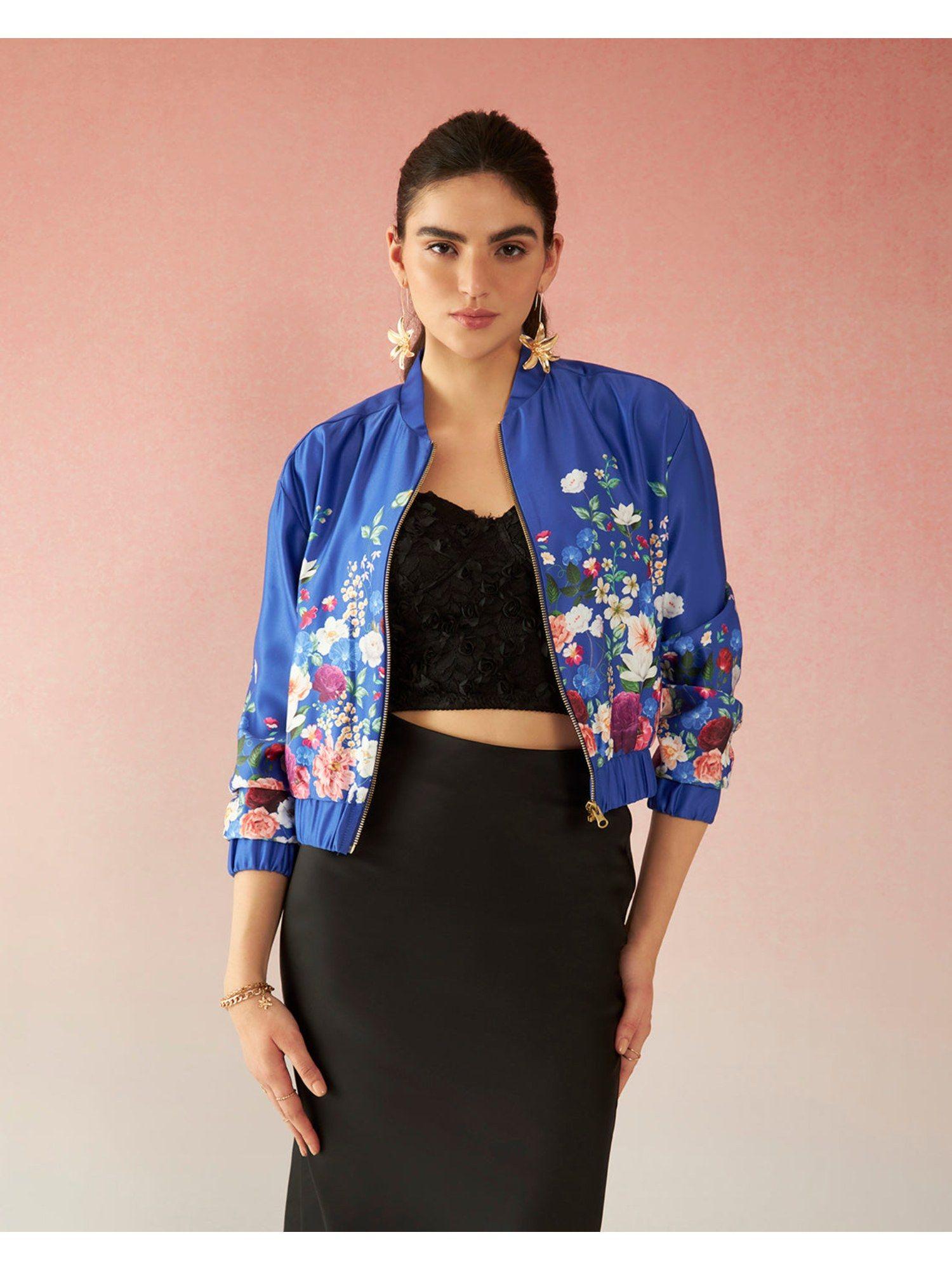 erica chic lycra satin floral bomber jacket