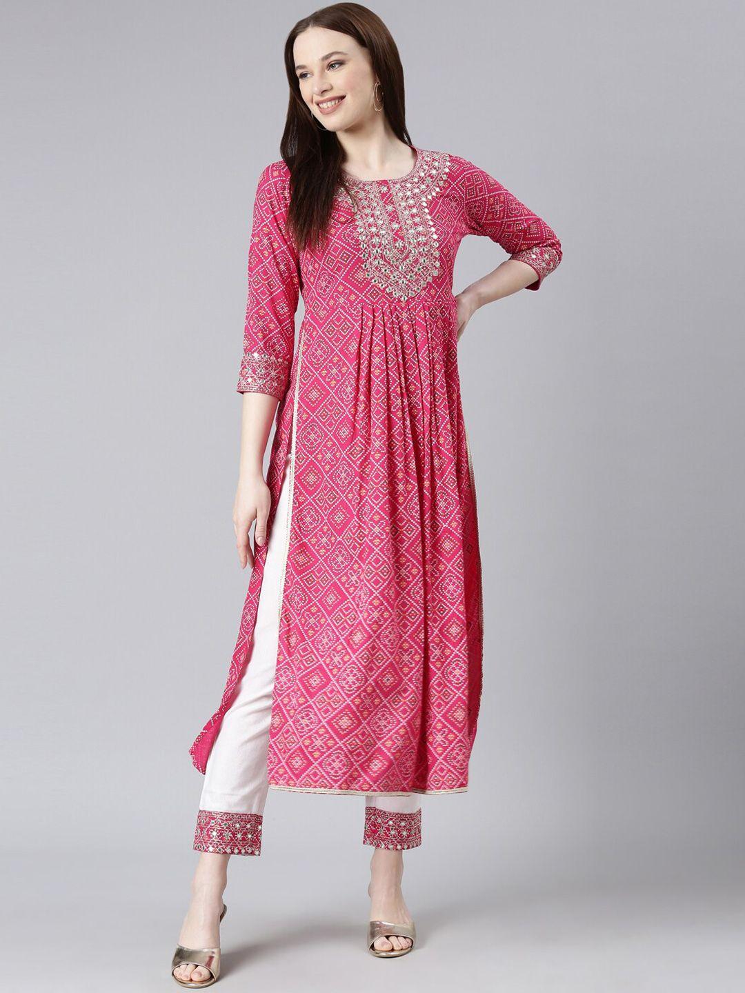 erisha bandhani printed mirror work a-line kurta with trousers