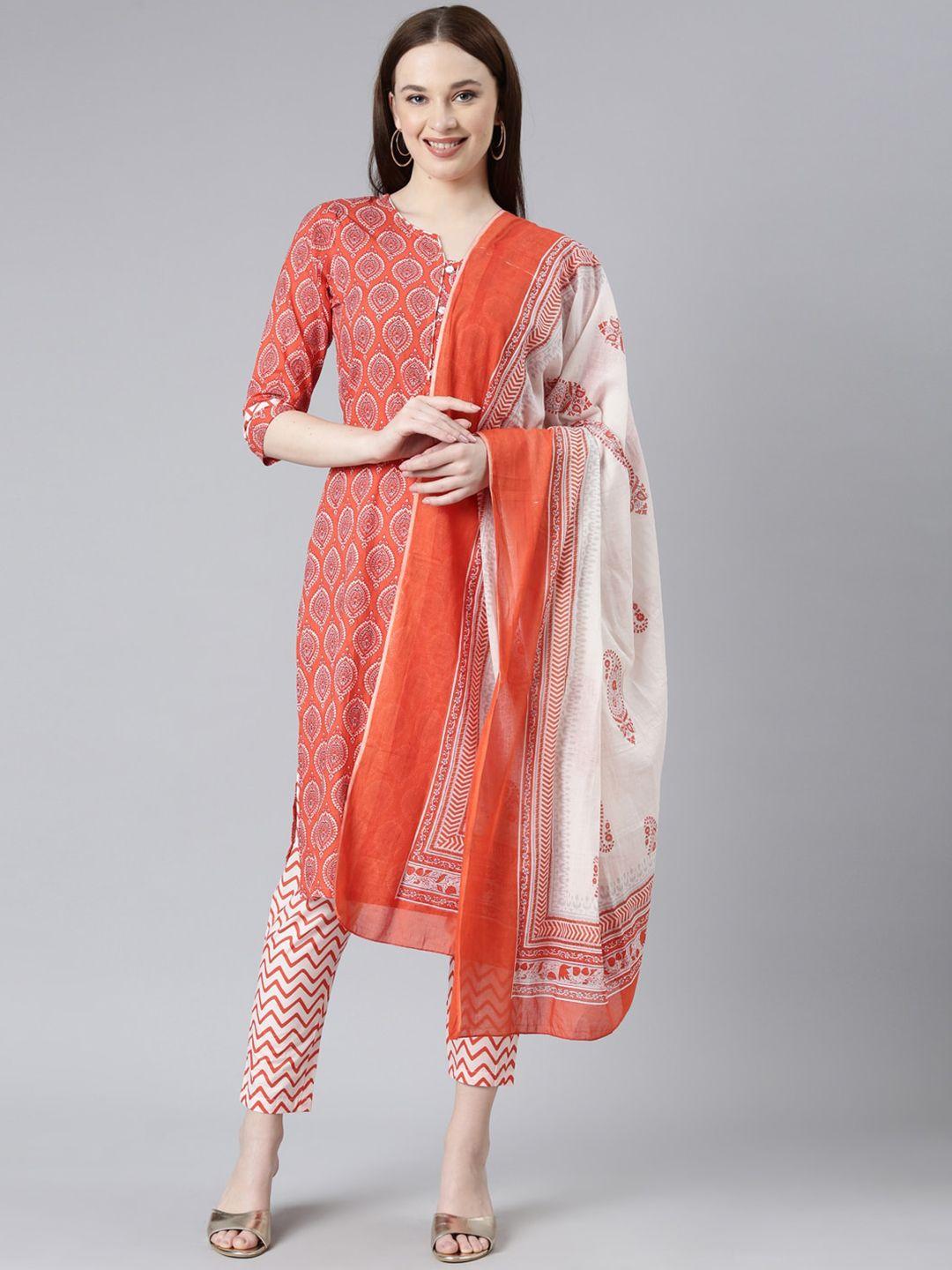 erisha ethnic motifs printed pure cotton straight kurta with trousers & dupatta