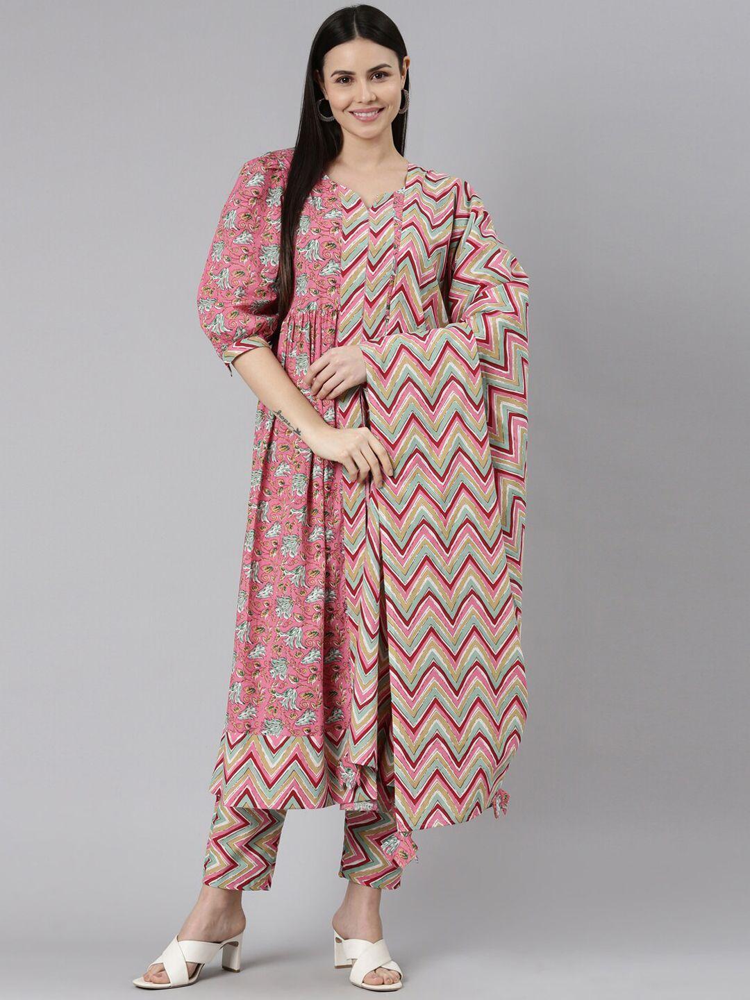 erisha floral printed puff sleeve pure cotton kurta with trousers & dupatta