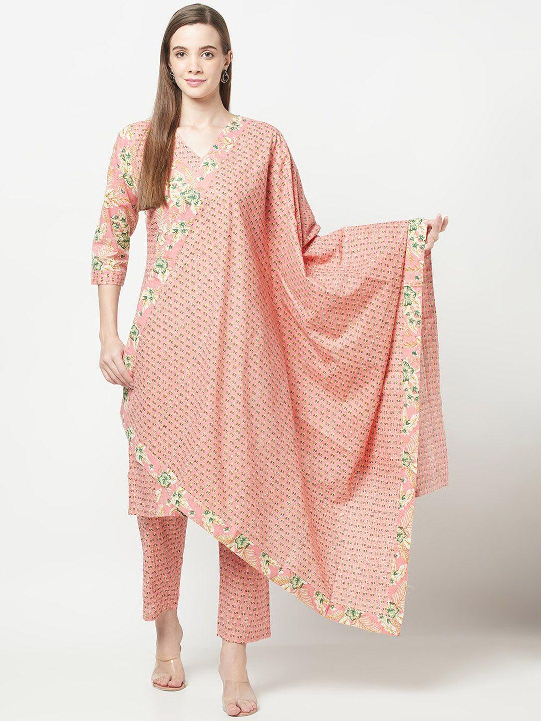 erisha floral printed pure cotton kurta with trousers & dupatta
