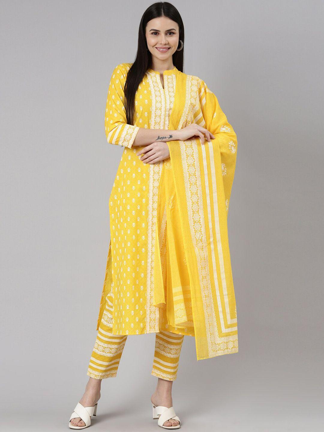 erisha mandarin collar ethnic motifs printed pure cotton kurta with trousers & dupatta