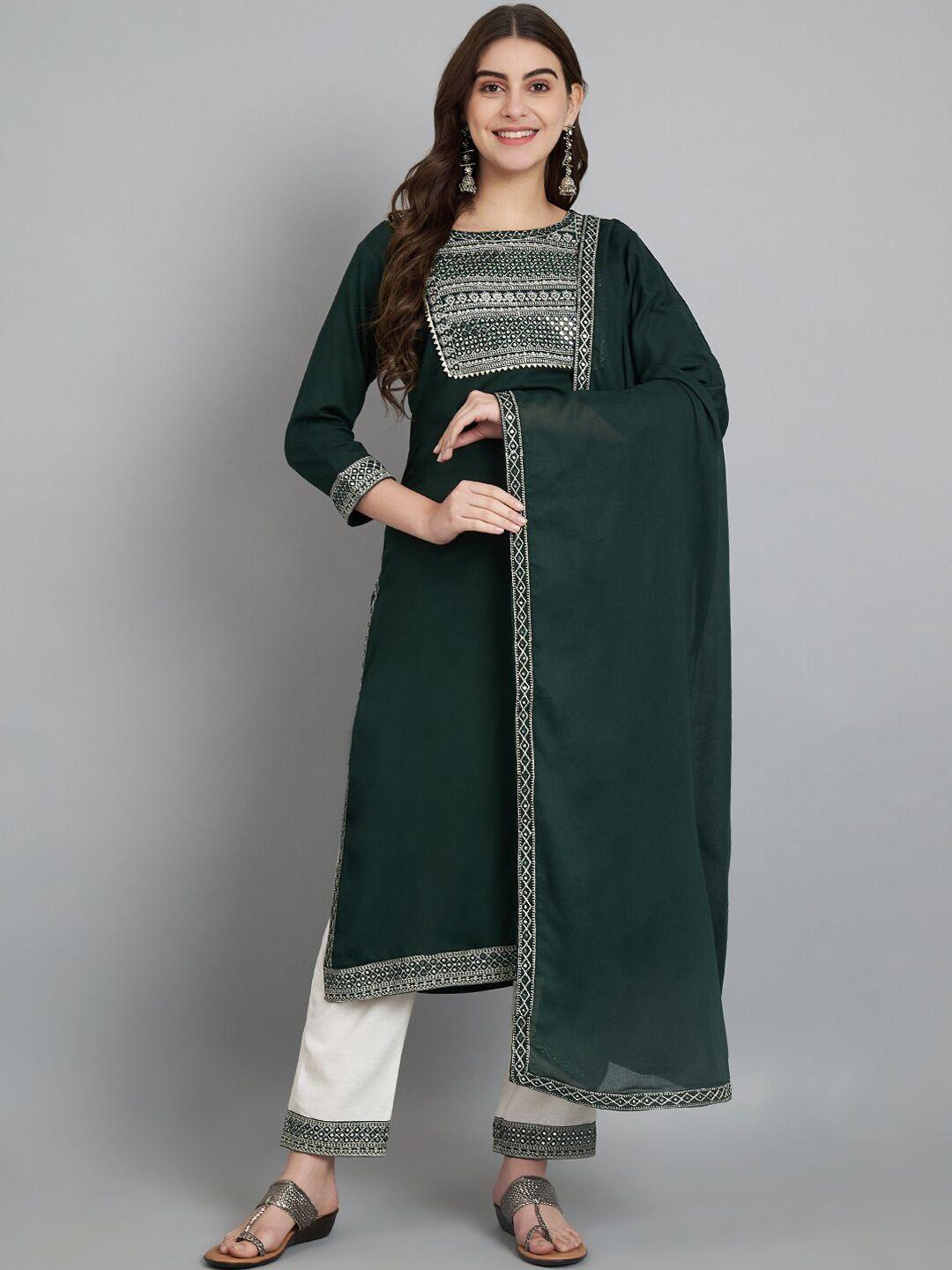 erisha women green embroidered regular thread work kurta with trousers & with dupatta