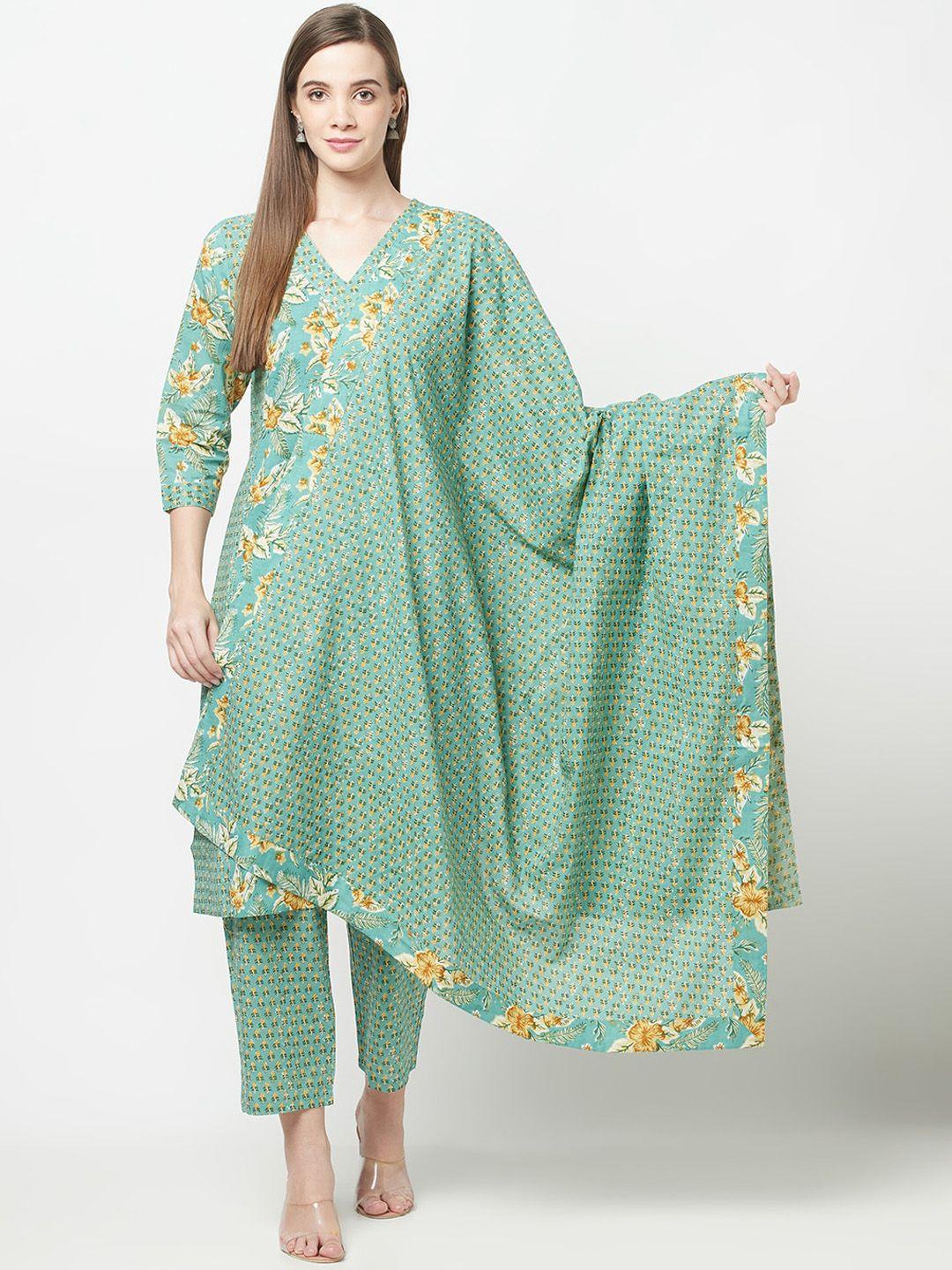 erisha women green floral printed pure cotton kurta with trousers & with dupatta