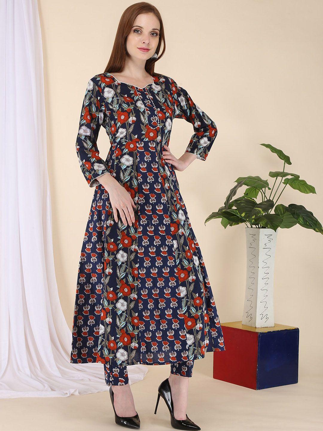 erisha women navy blue floral printed panelled gotta patti pure cotton kurta with trousers