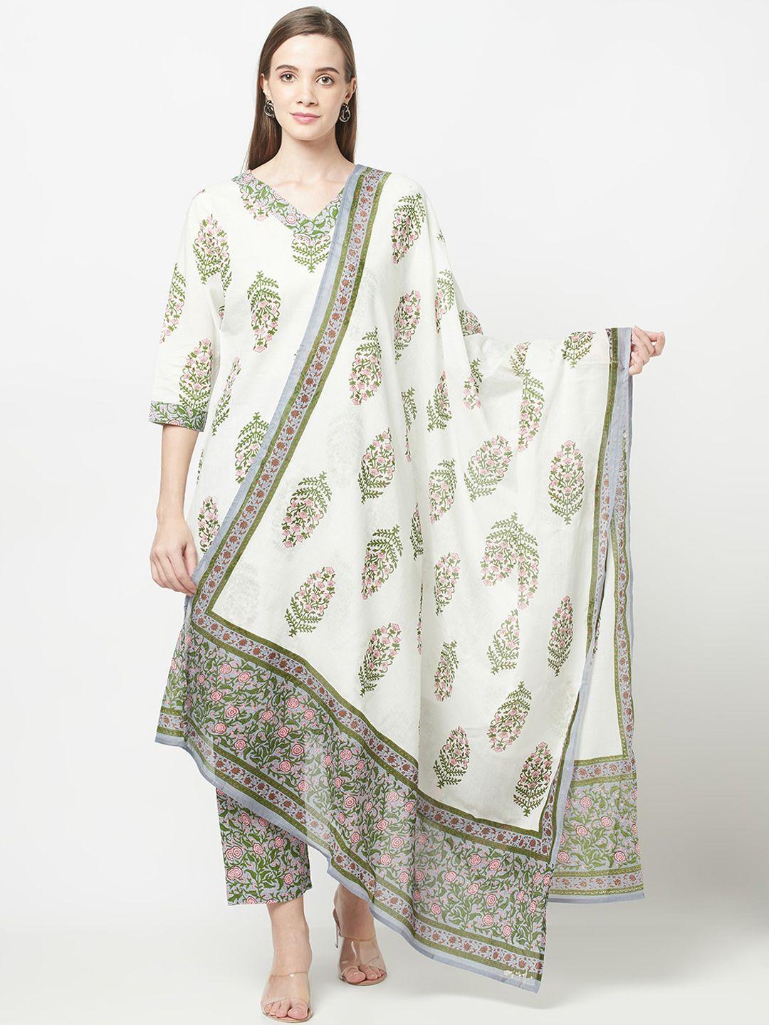 erisha women off white floral printed pure cotton kurta with trousers & with dupatta