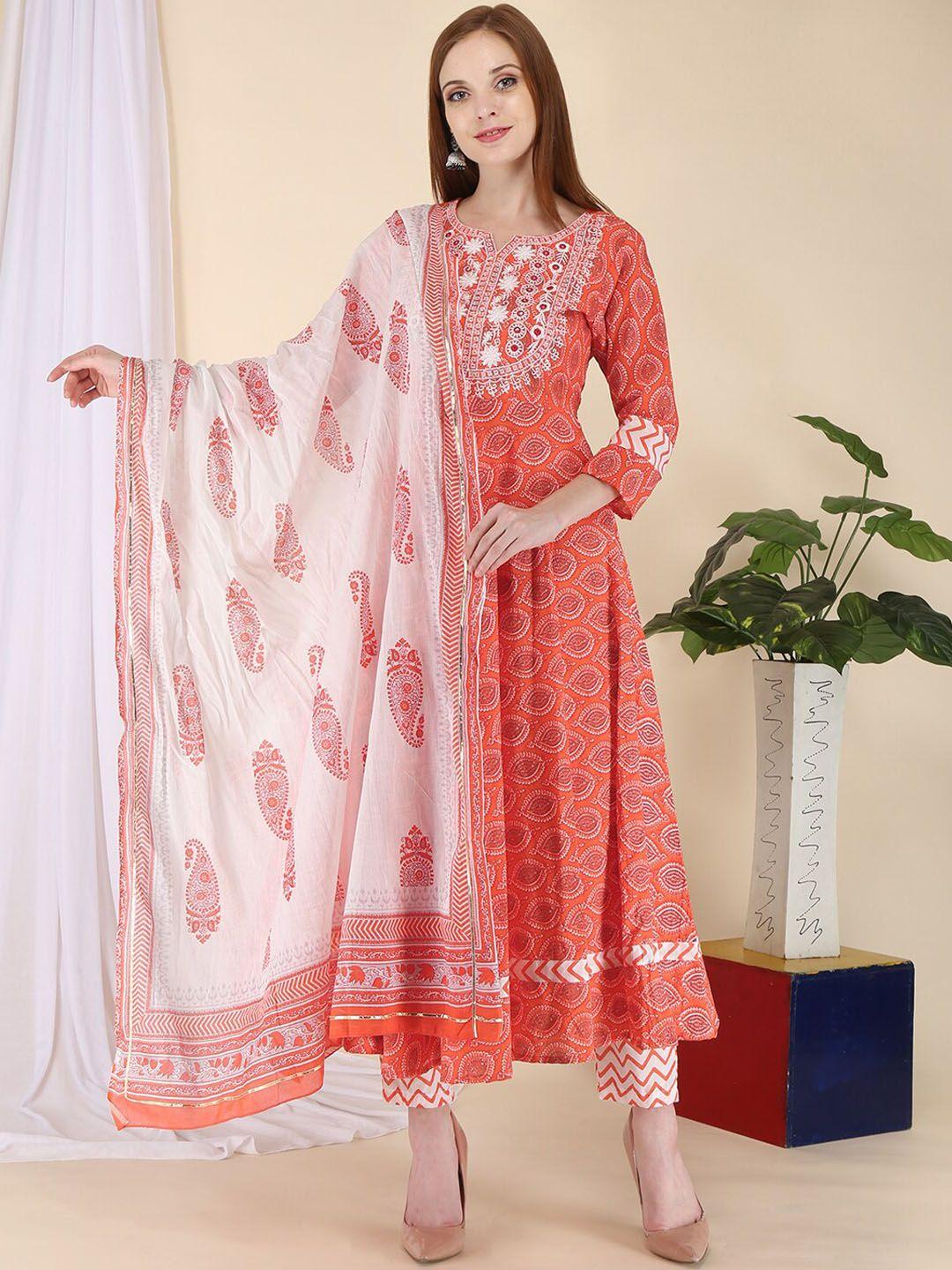 erisha women peach-coloured ethnic motifs printed pure cotton kurta with pant & dupatta