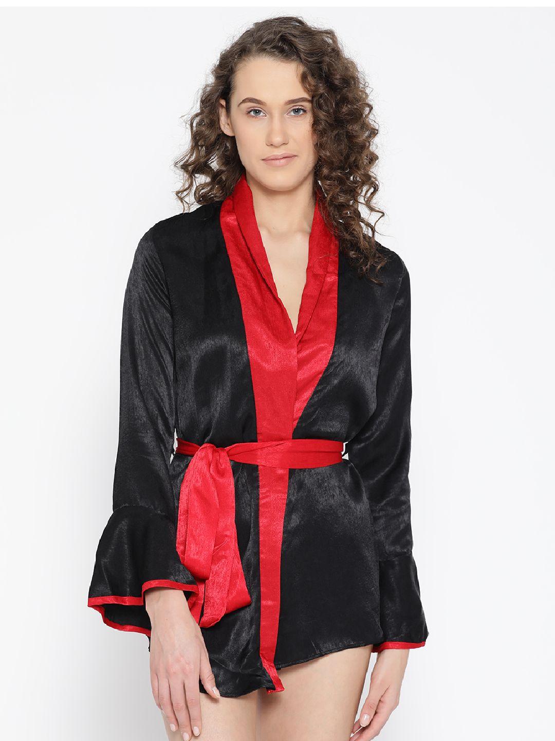 erotissch women black solid mini length robe with satin finish