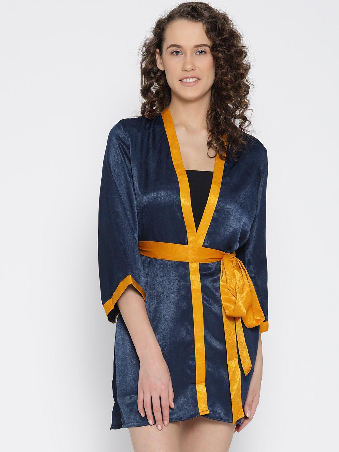 erotissch women navy blue solid mini length robe with satin finish