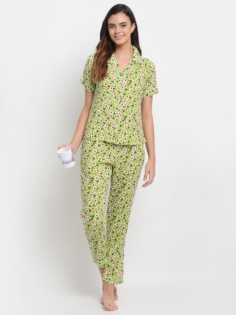 erotissch green floral print shirt pyjama set