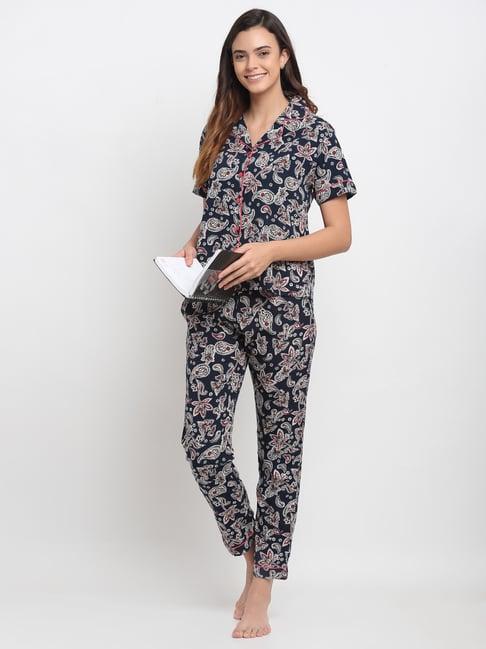erotissch navy floral print shirt pyjama set
