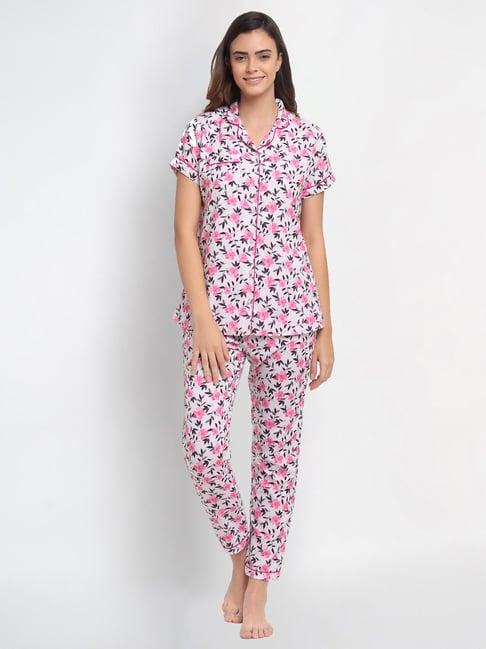 erotissch pink & grey floral print shirt pyjama set