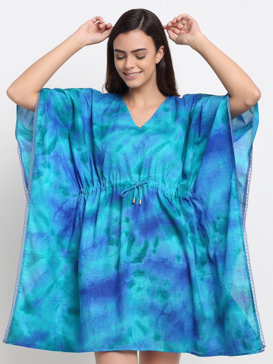 erotissch women blue & green tie & dye printed kaftan nightdress