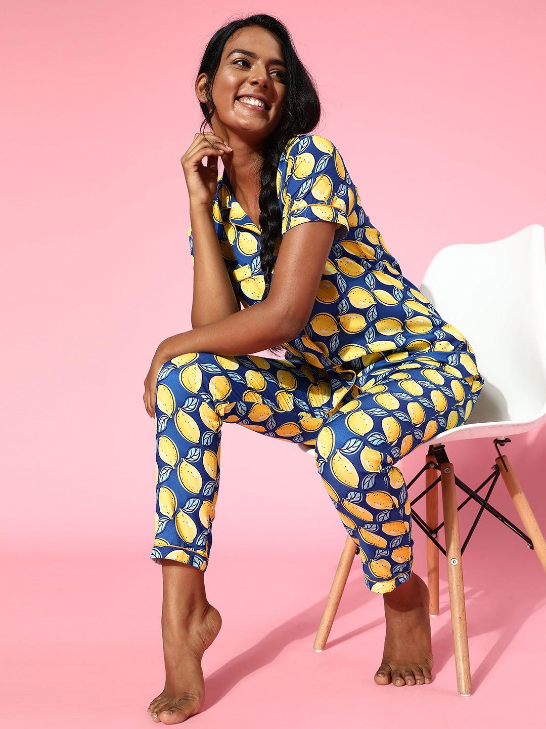 erotissch women blue & yellow printed printed pyjamas set