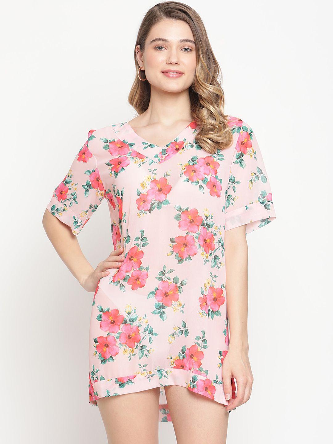 erotissch women pink floral printed beachwear cover-up dress