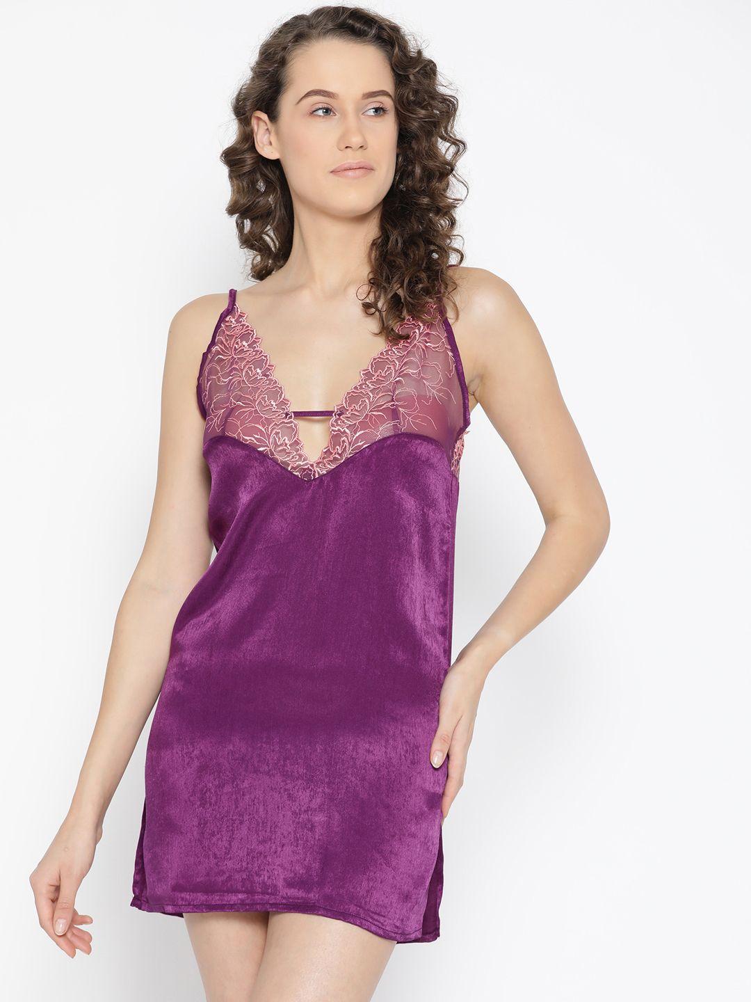 erotissch women purple solid semi-sheer nightdress with satin finish
