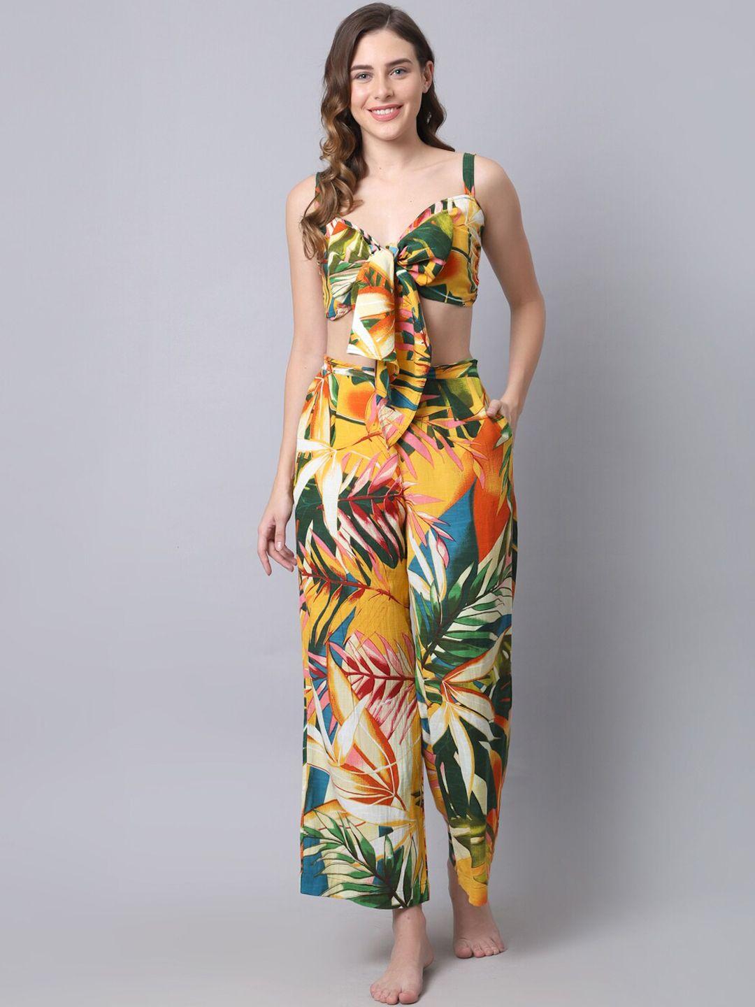 erotissch women yellow & green tropical printed beachwear set