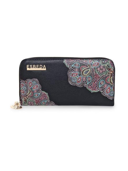 esbeda black mandala art design medium zip around wallet for women