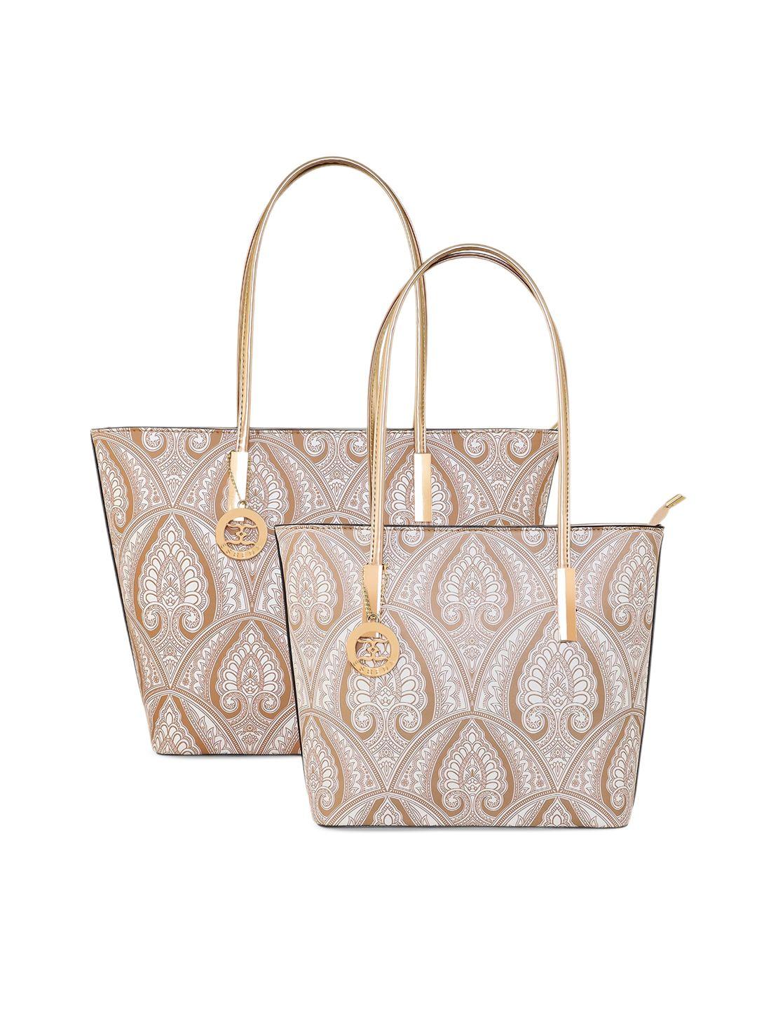 esbeda bronze-toned ethnic motifs printed pu oversized shopper shoulder bag