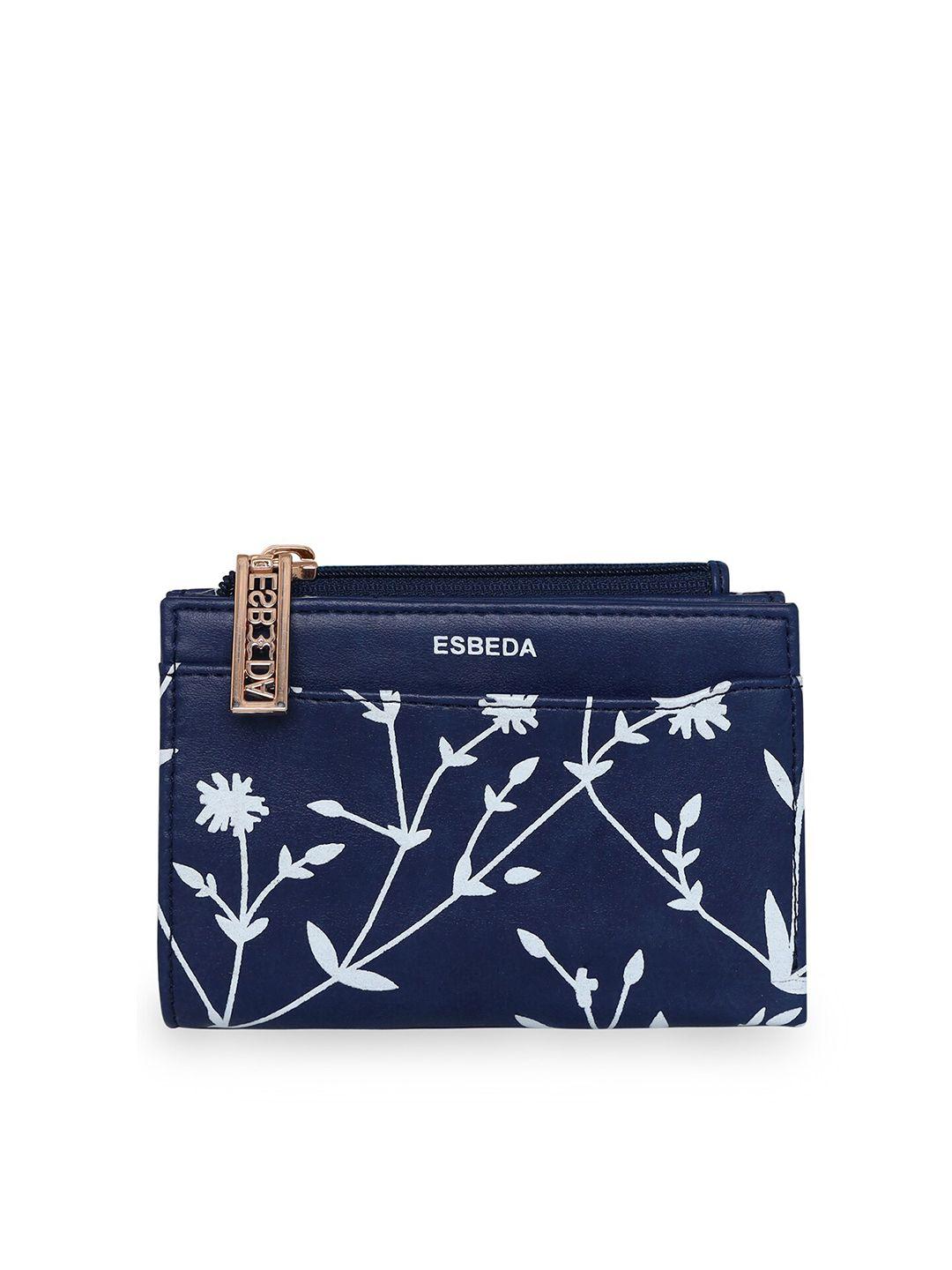 esbeda women blue & white floral printed zip detail two fold wallet