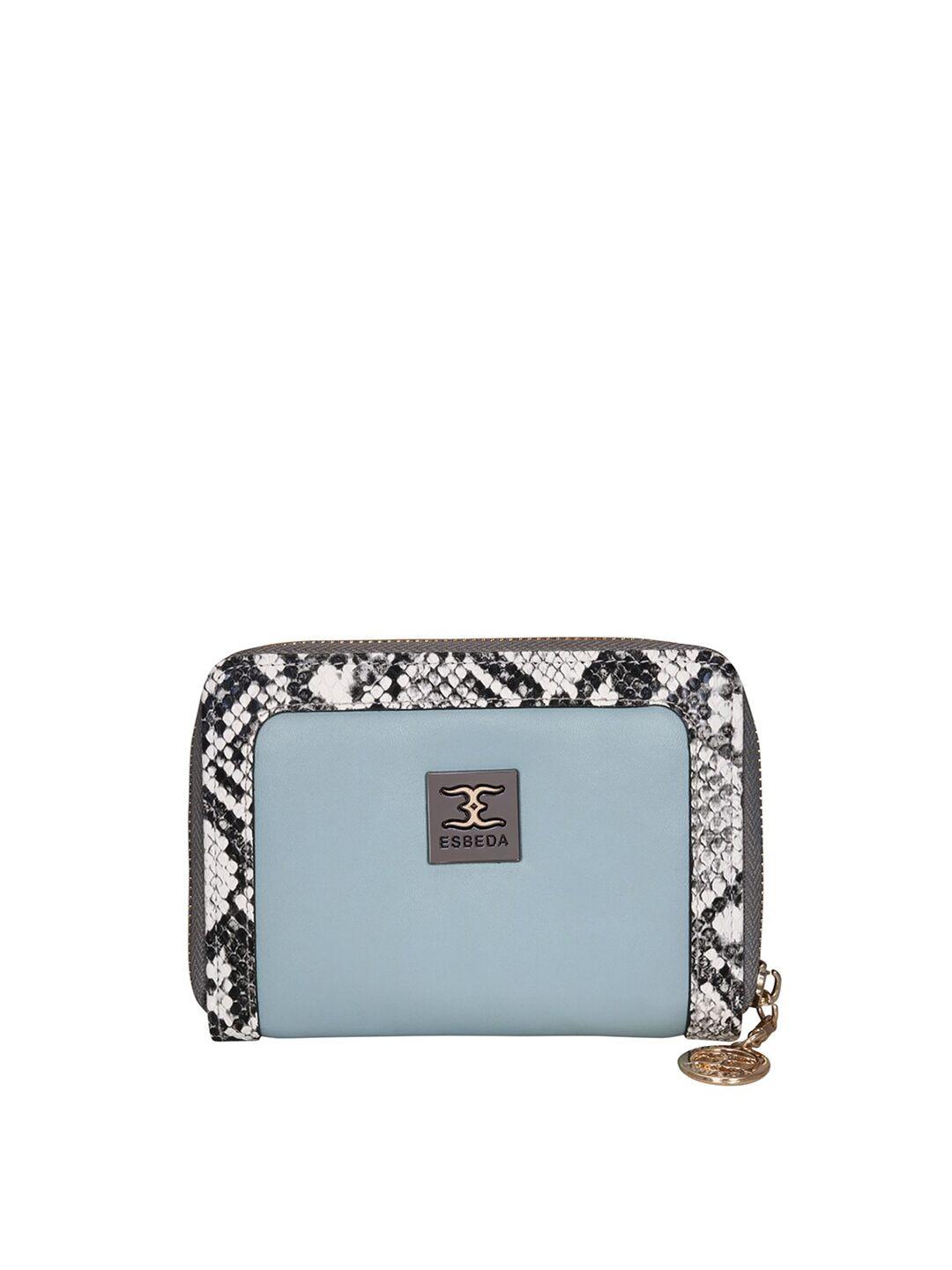 esbeda women blue & white printed zip around wallet