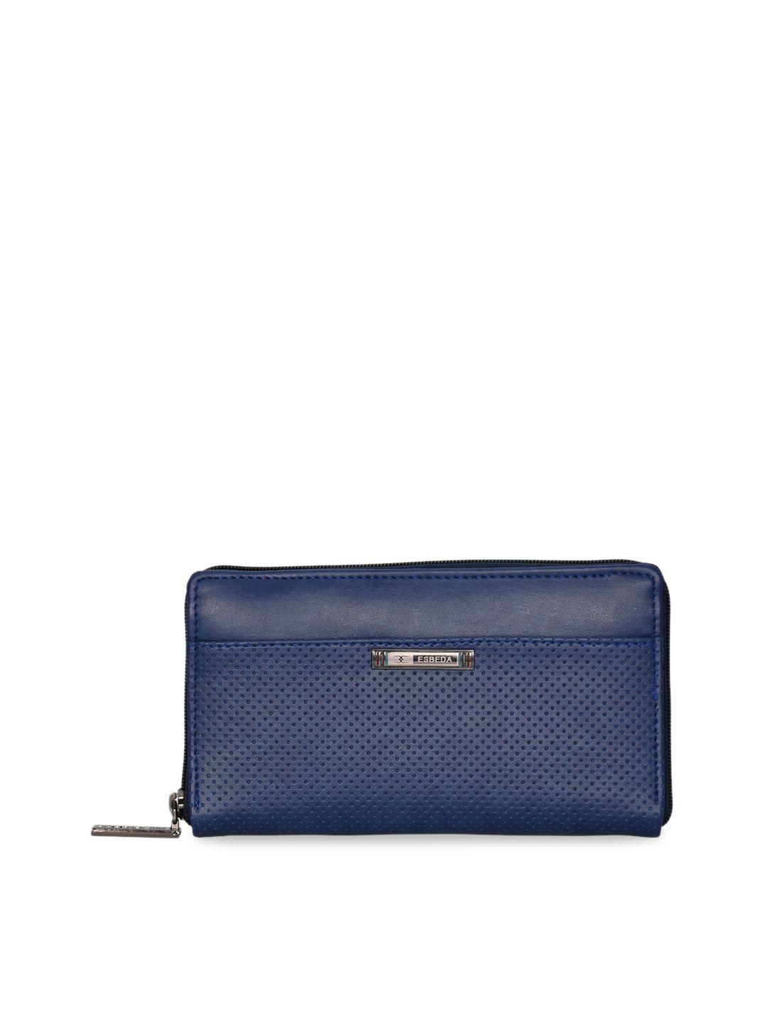 esbeda women blue solid zip around wallet