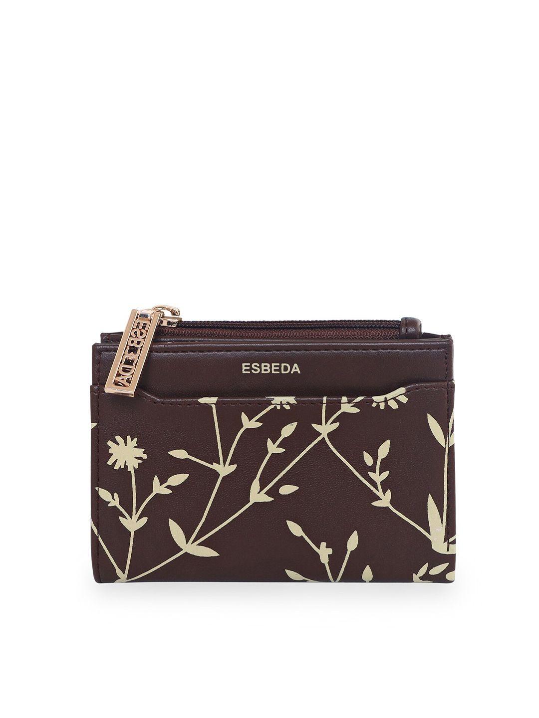 esbeda women brown & beige floral printed zip detail two fold wallet