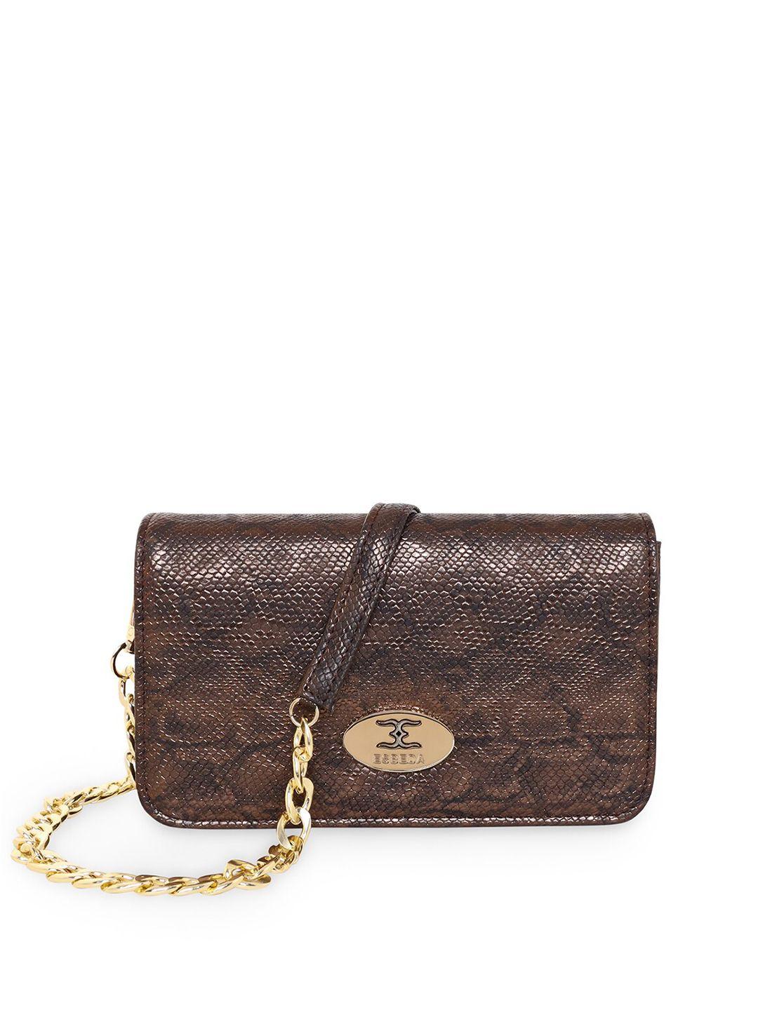 esbeda women brown & gold-toned textured box clutch with shoulder strap