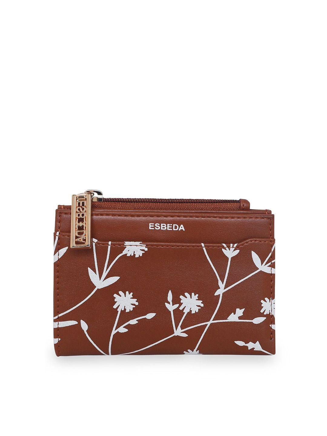 esbeda women brown & white floral printed zip detail two fold wallet