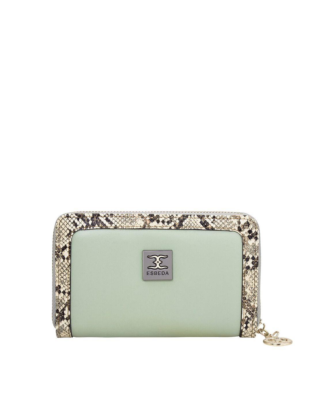 esbeda women green & beige snake-skin printed zip around wallet