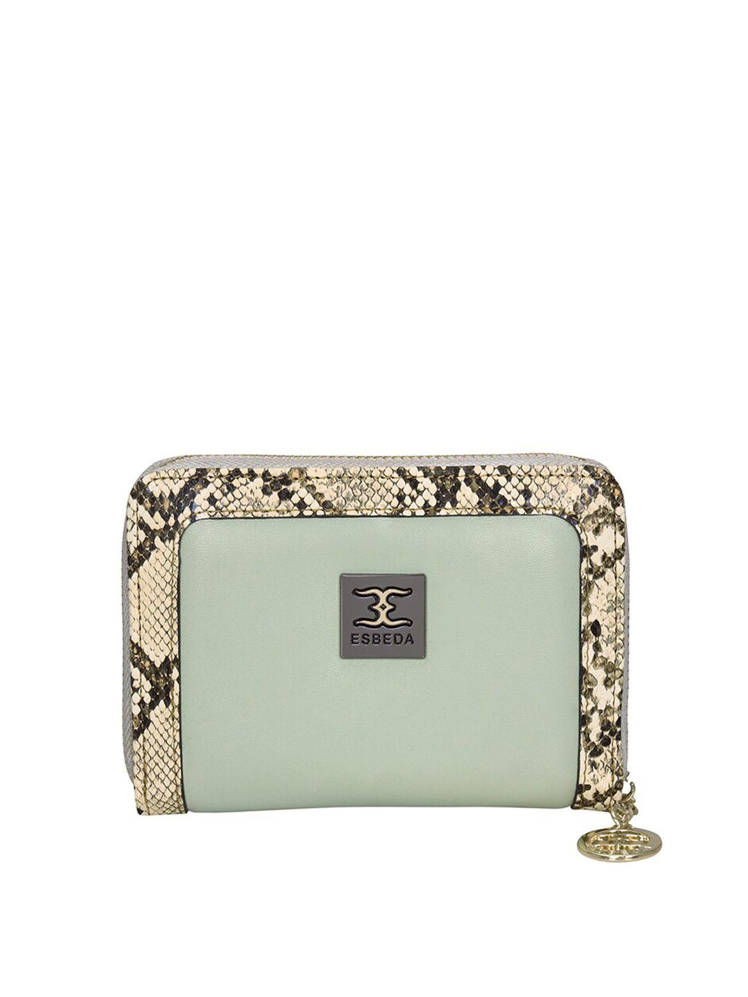 esbeda women green & cream-coloured animal printed zip around wallet