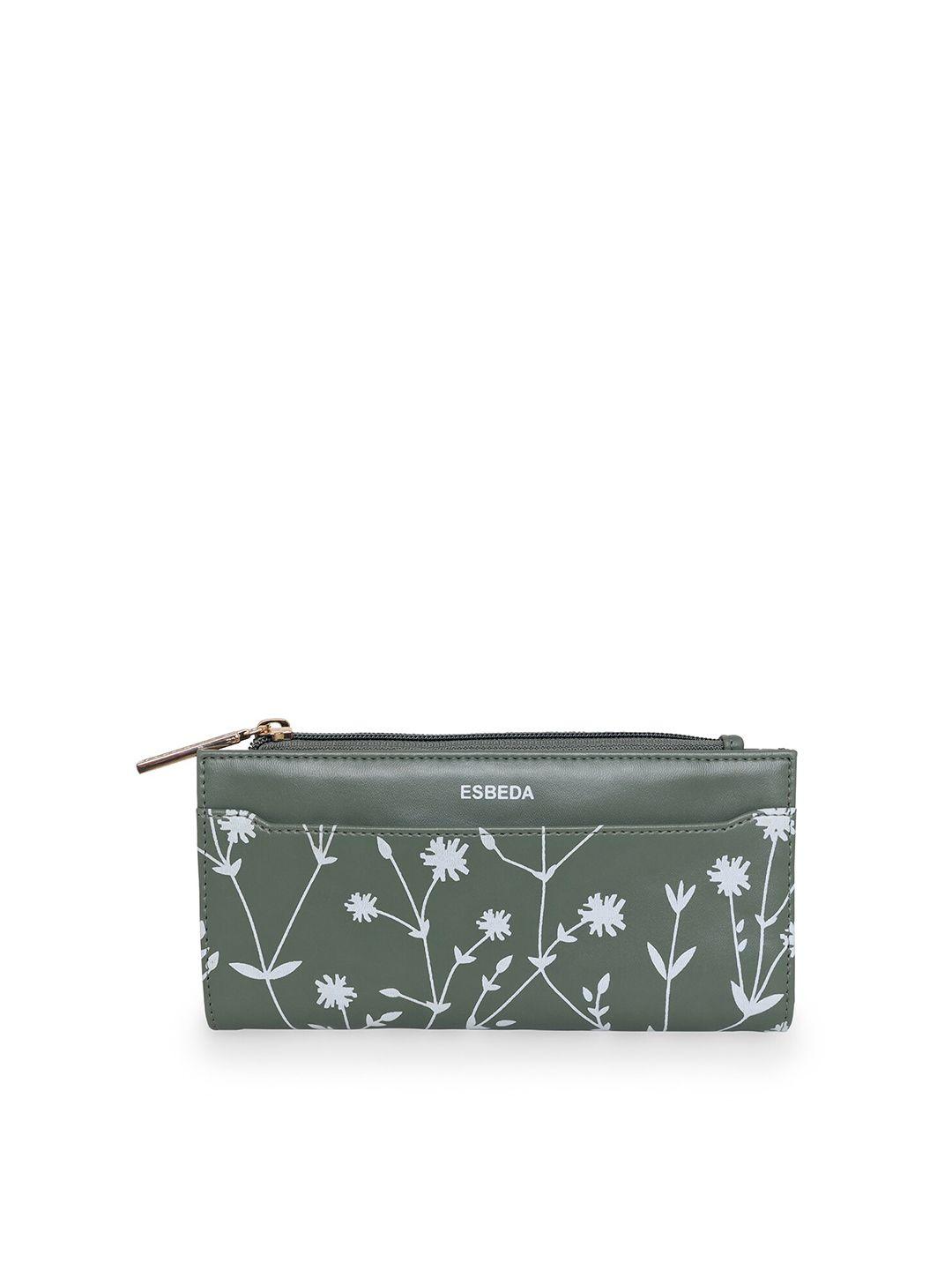 esbeda women green & white floral printed zip detail two fold wallet