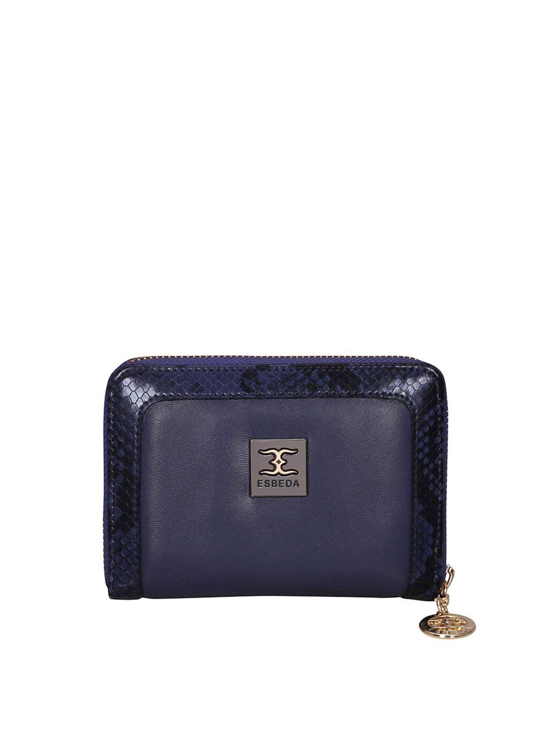 esbeda women navy blue & black printed zip around wallet