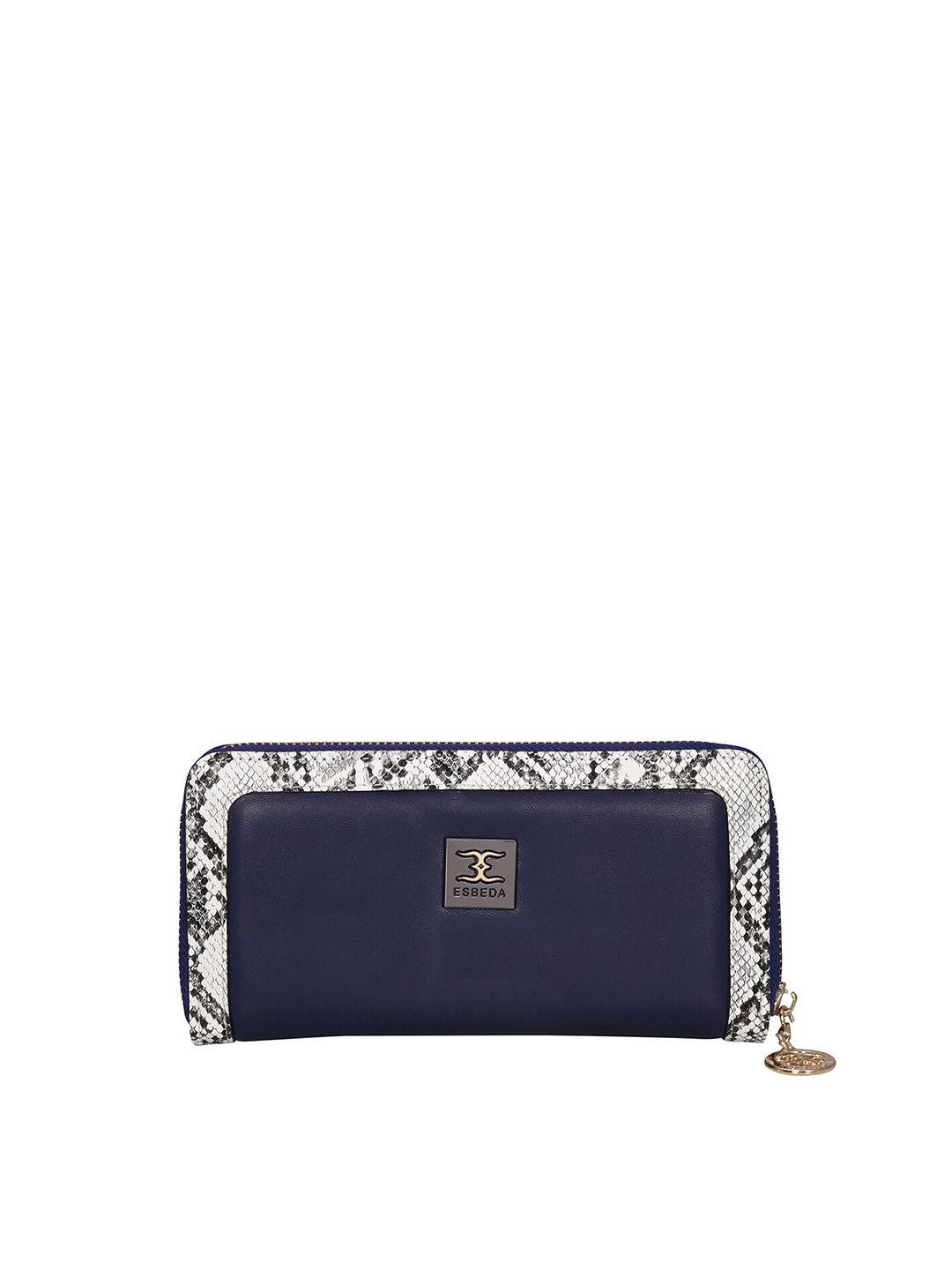 esbeda women navy blue & white textured zip around wallet